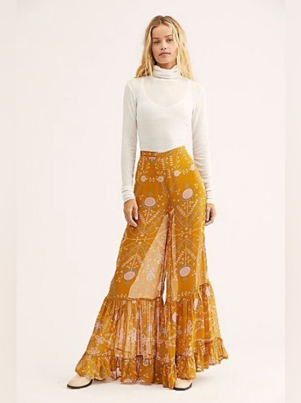 Free People Penny Lane Floral Sheer Boho Wide-Leg Ruffle Pants Mustard Yellow 4